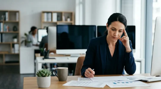 Professional accountant in modern office environment during year-end closing period showing focused determination amid complex financial documents