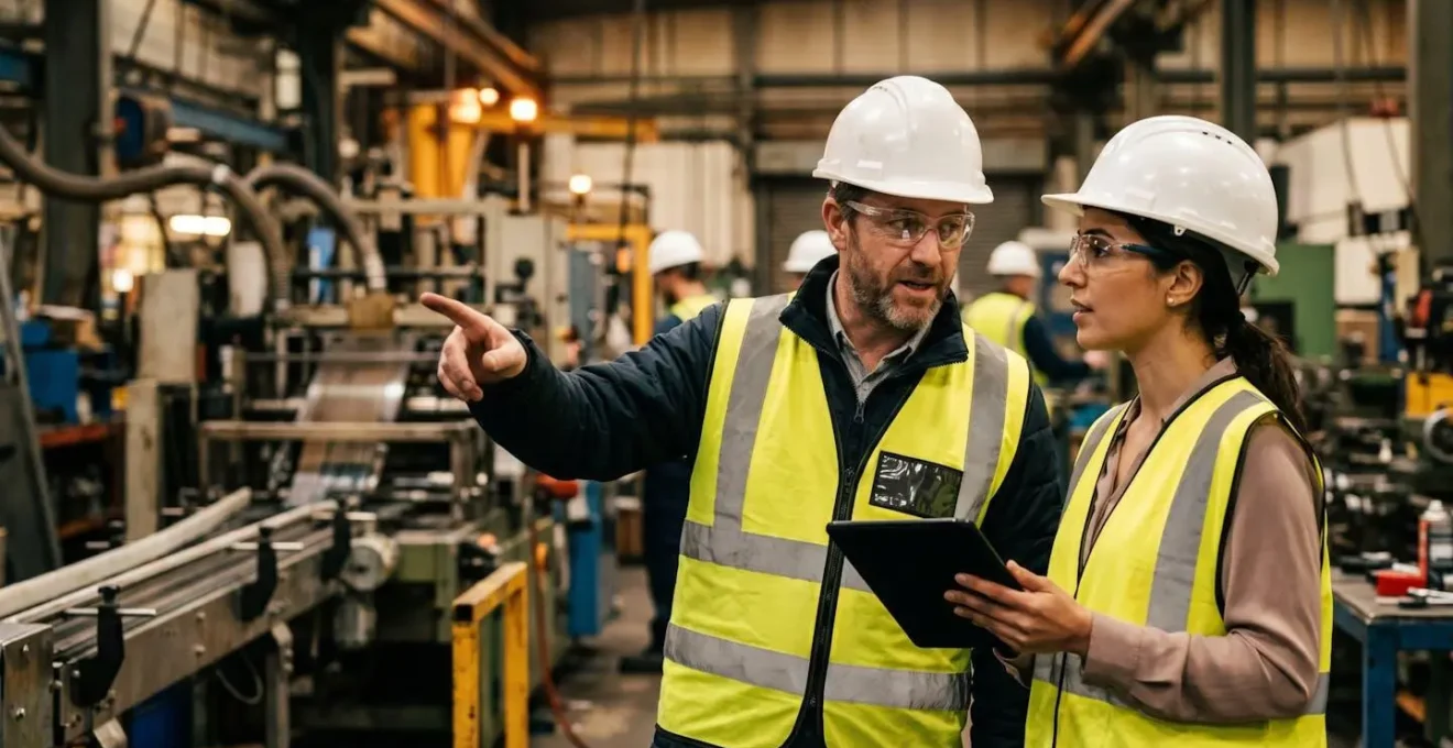 Factory workers analyzing production line data for ABC implementation