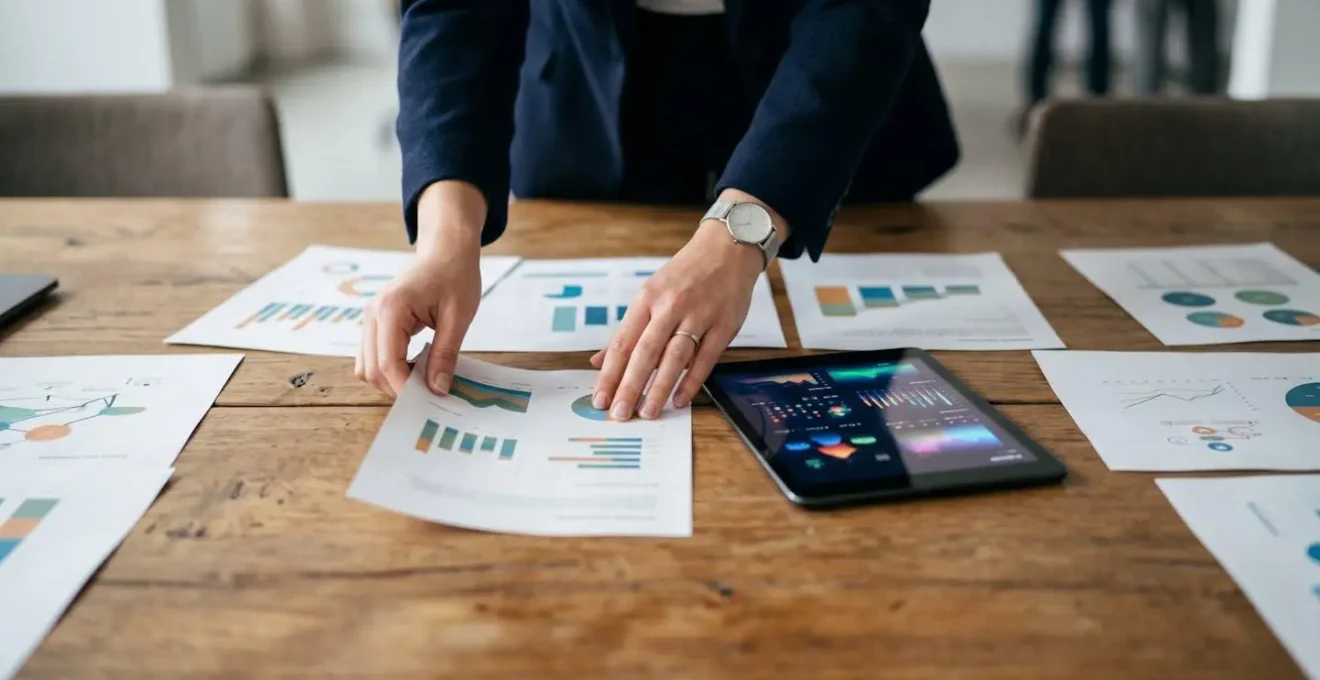 Professional analyst organizing multiple documents and presentations in modern office setting