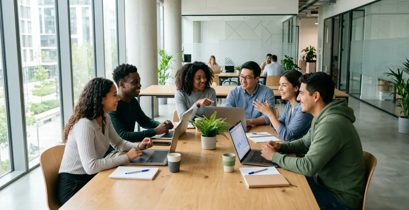 Young professionals working in modern accounting office environment with laptops and financial documents