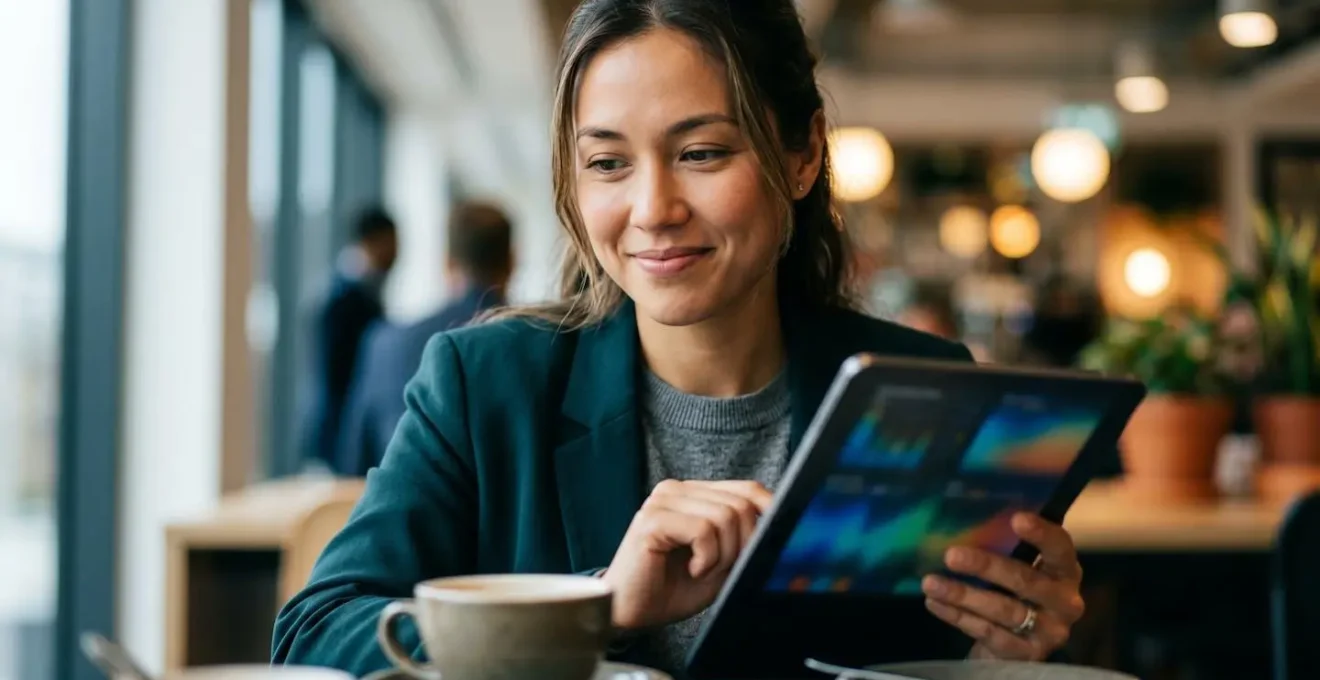 Professional working with tablet showing abstract data visualizations during coffee break