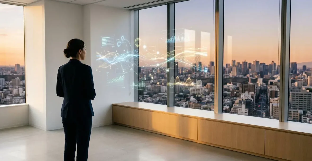 Professional auditor analyzing data flows on multiple holographic screens in modern office environment