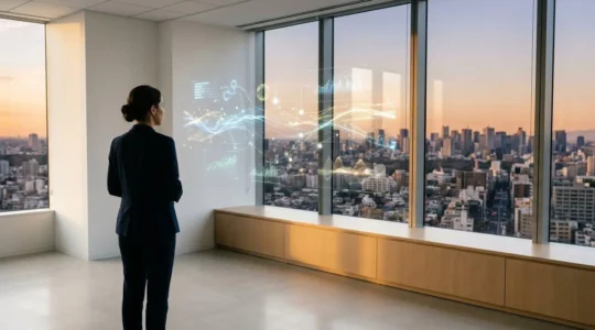Professional auditor analyzing data flows on multiple holographic screens in modern office environment