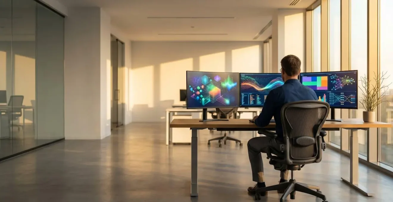 Professional analyzing complex financial data patterns on multiple monitors
