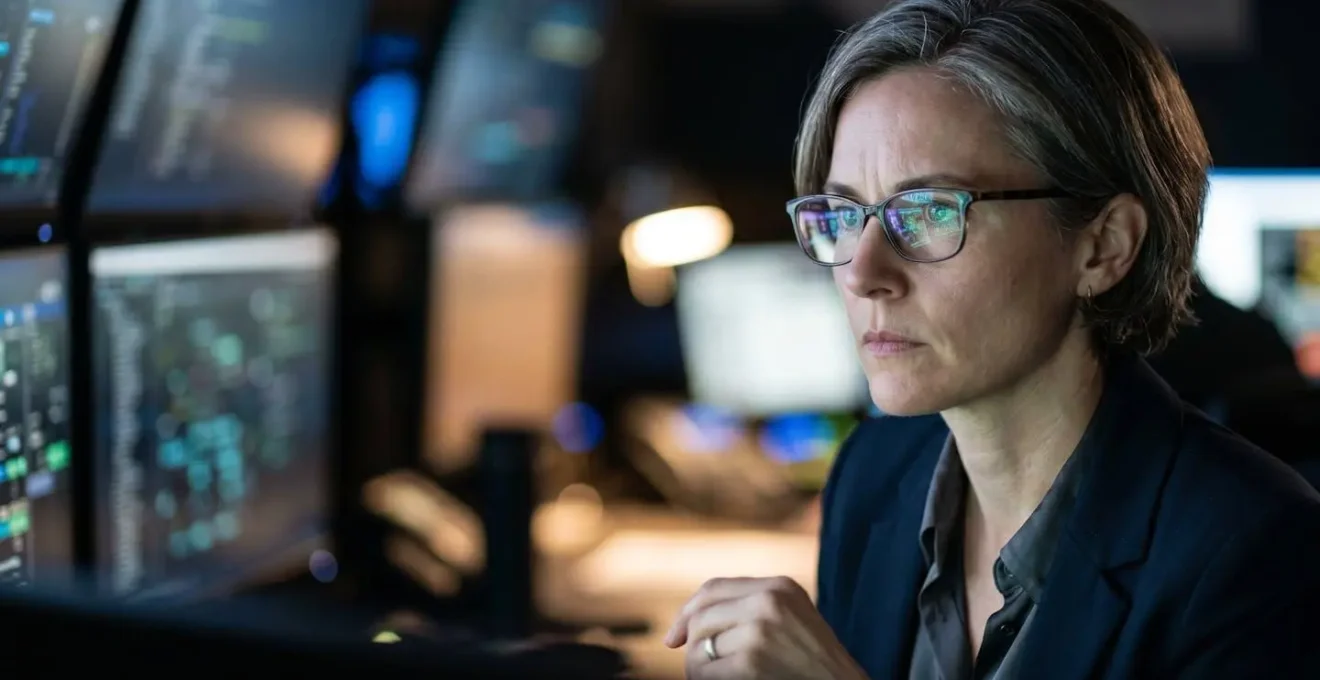 Professional examining multiple monitoring screens showing compliance alerts in modern control room
