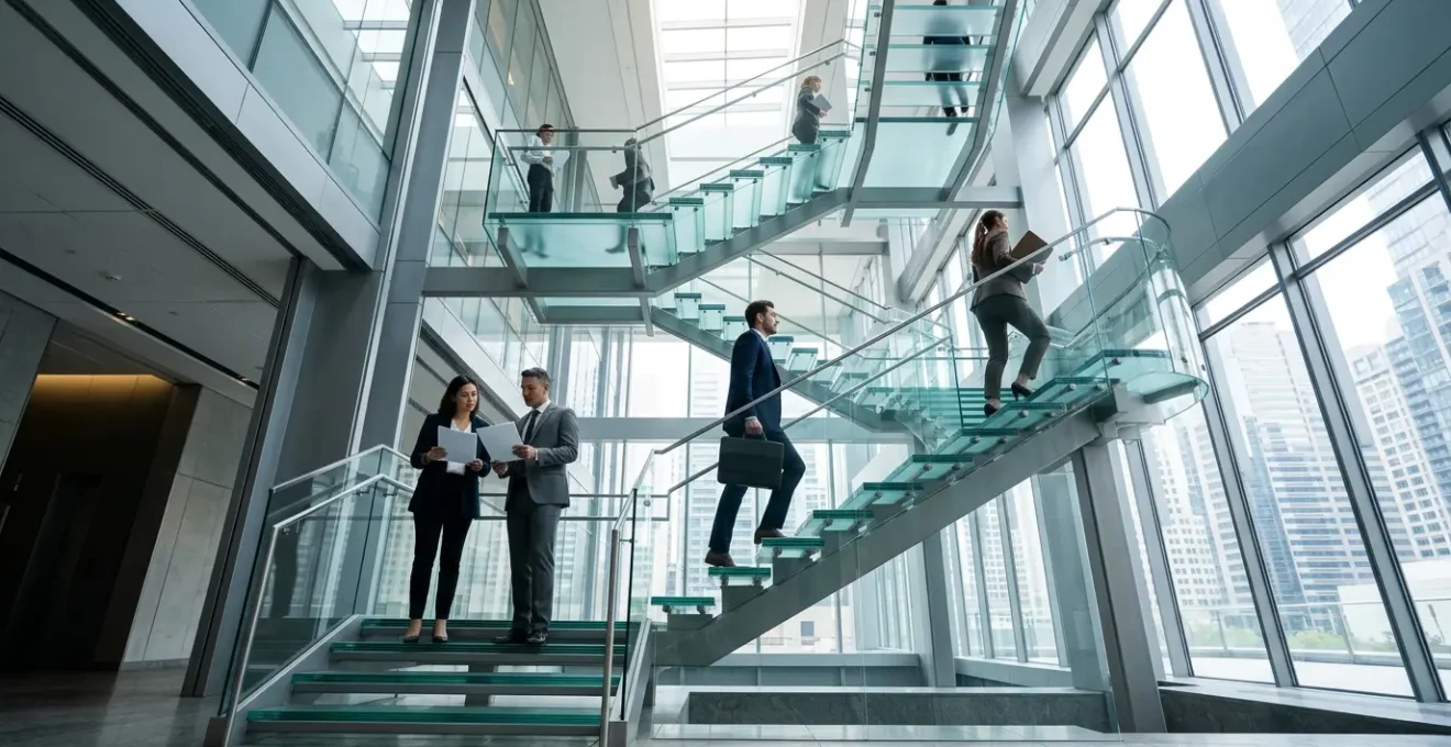 Professional climbing metaphorical glass ladder in modern corporate tower