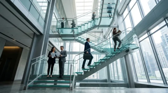 Professional climbing metaphorical glass ladder in modern corporate tower