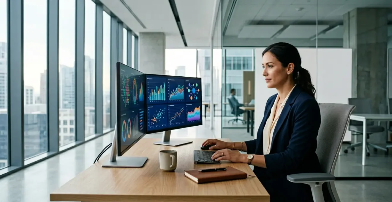 Professional accountant analyzing data visualizations in modern office environment