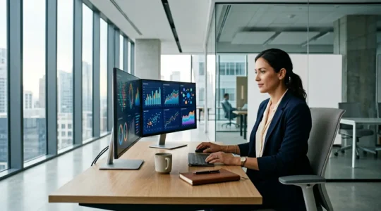 Professional accountant analyzing data visualizations in modern office environment