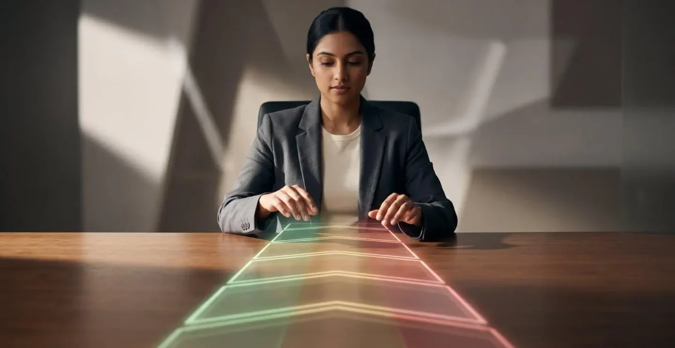 Financial analyst working with advanced runway modeling systems in a minimalist office environment