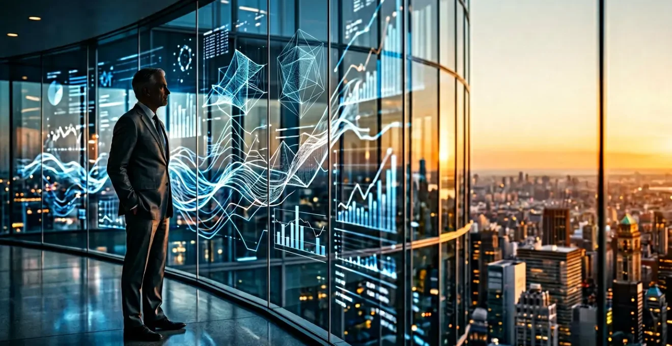 Executive financial strategist examining complex revenue models on holographic displays in modern corporate boardroom