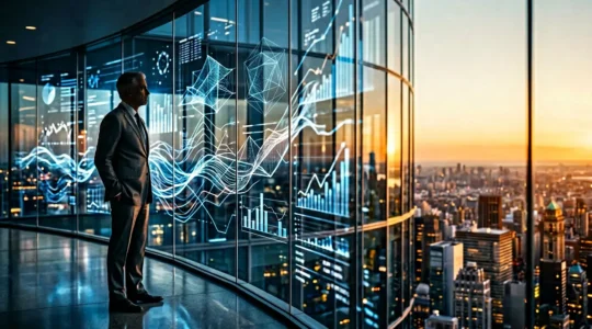Executive financial strategist examining complex revenue models on holographic displays in modern corporate boardroom