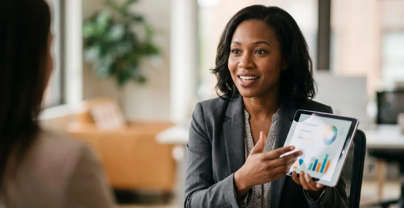 Business professional making a strategic connection with an executive through a digital networking platform.