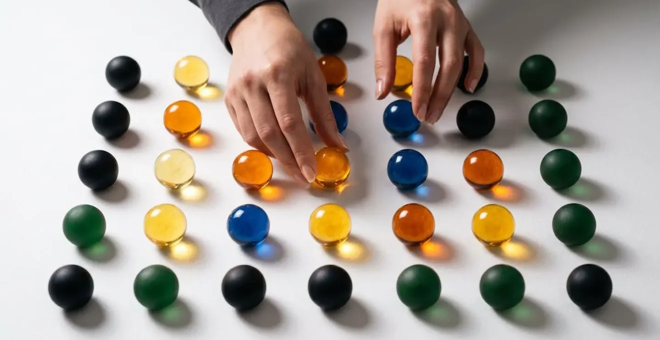 Accountant analyzing client portfolio data represented by glowing and dark spheres on a clean surface