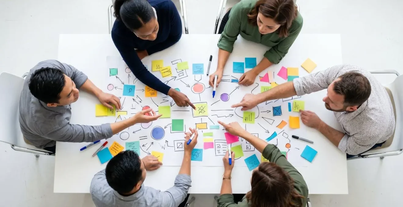 Team collaborating around table with abstract flowcharts and testing materials in bright workspace