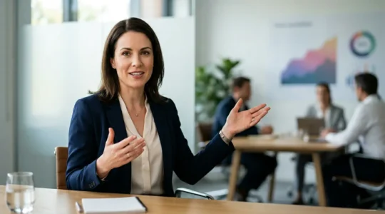 Professional accountant demonstrating financial analysis during interview