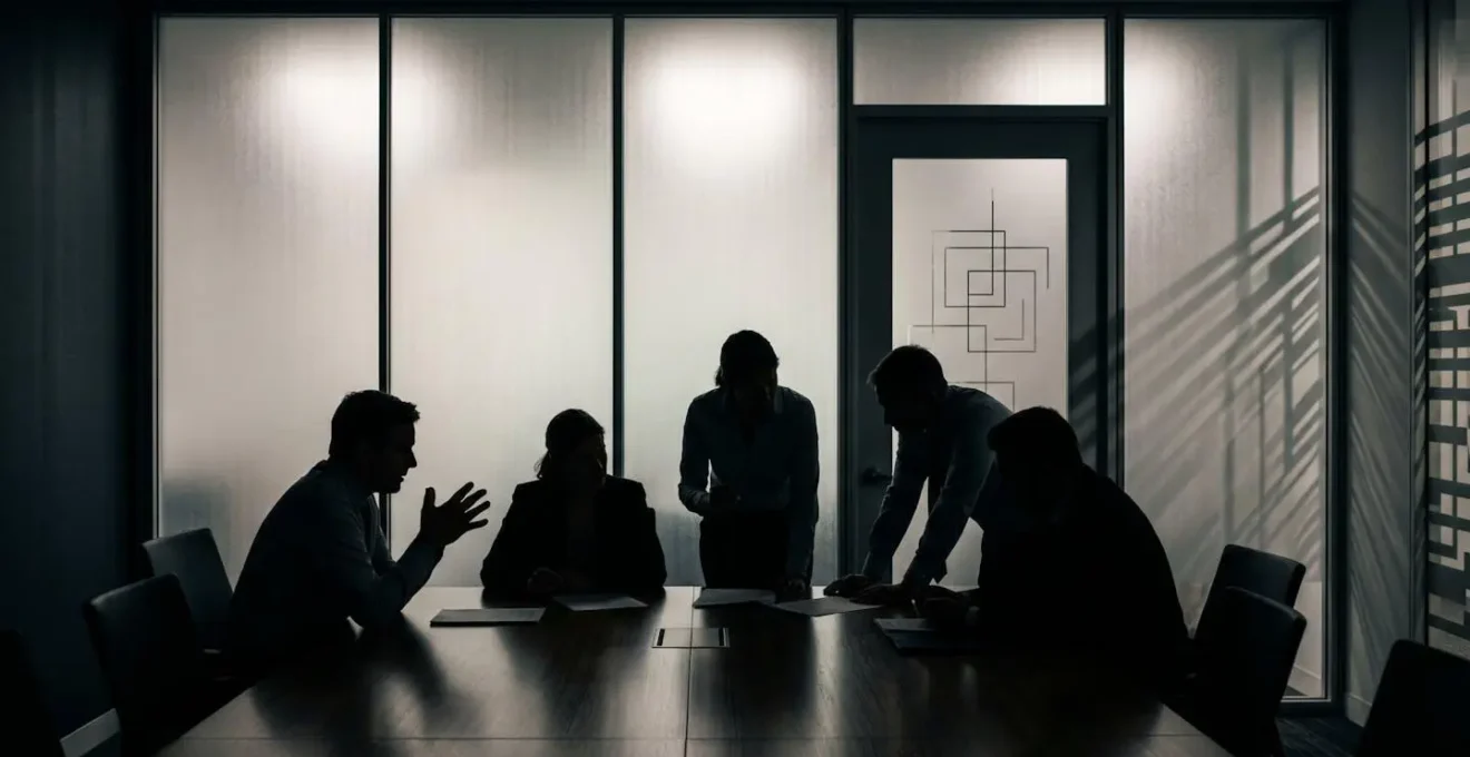 Confidential M&A team meeting in secure corporate environment