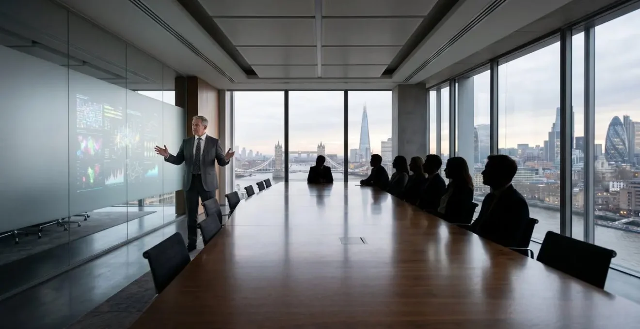 Senior finance leader presenting a crisis strategy to a board in a UK corporate setting.