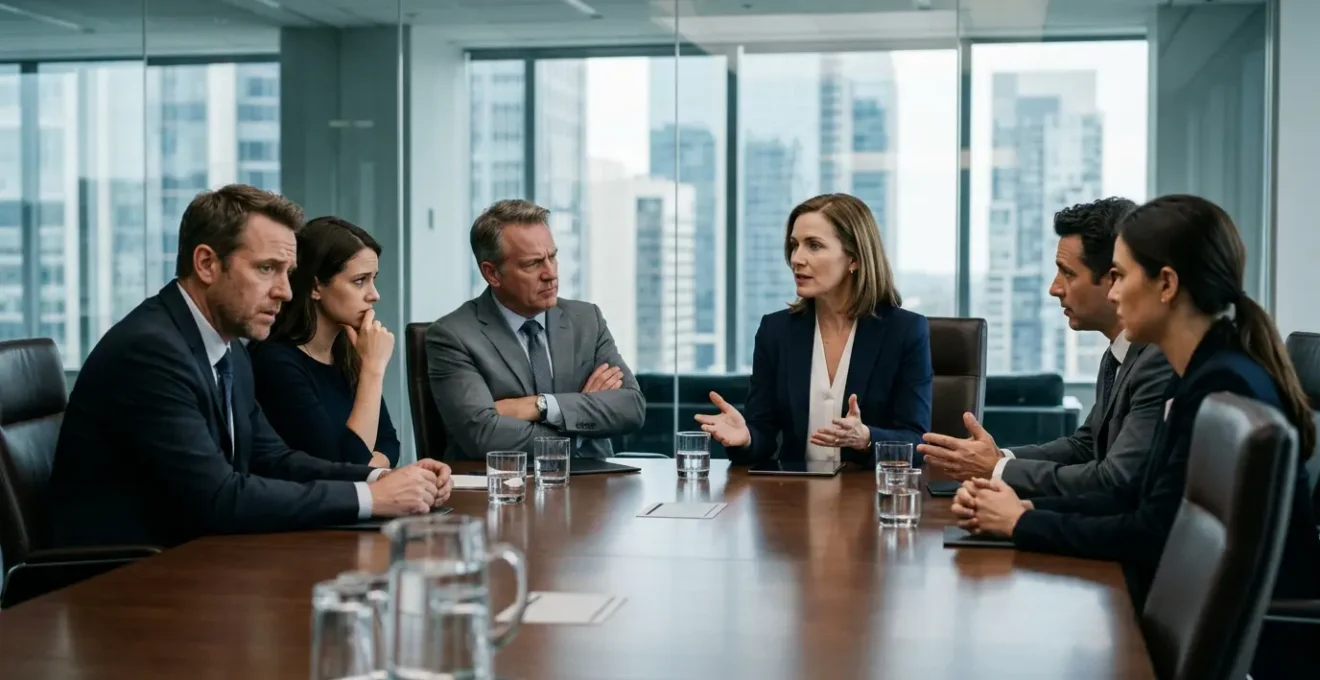 Financial executives managing tense crisis meeting with stakeholders in corporate boardroom