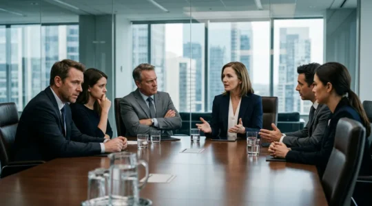 Financial executives managing tense crisis meeting with stakeholders in corporate boardroom