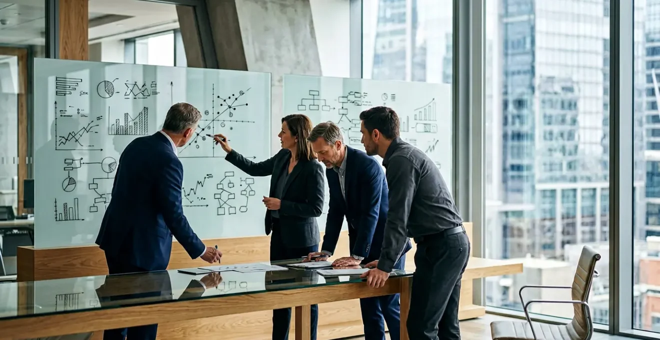 Strategic recruitment meeting with finance professionals reviewing candidate profiles in modern office environment