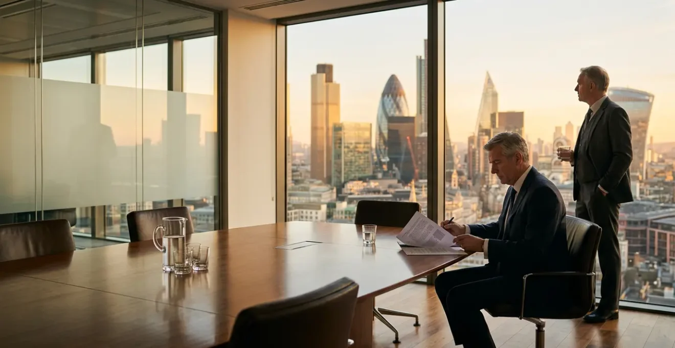 Strategic meeting between finance executives in modern London boardroom with city skyline view