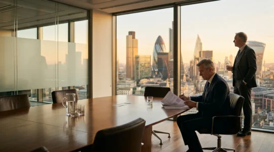 Strategic meeting between finance executives in modern London boardroom with city skyline view
