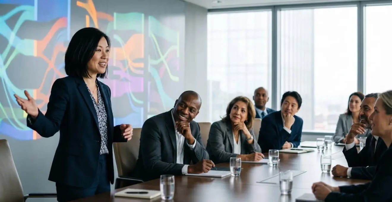 Finance professional presenting data visualization to diverse board members