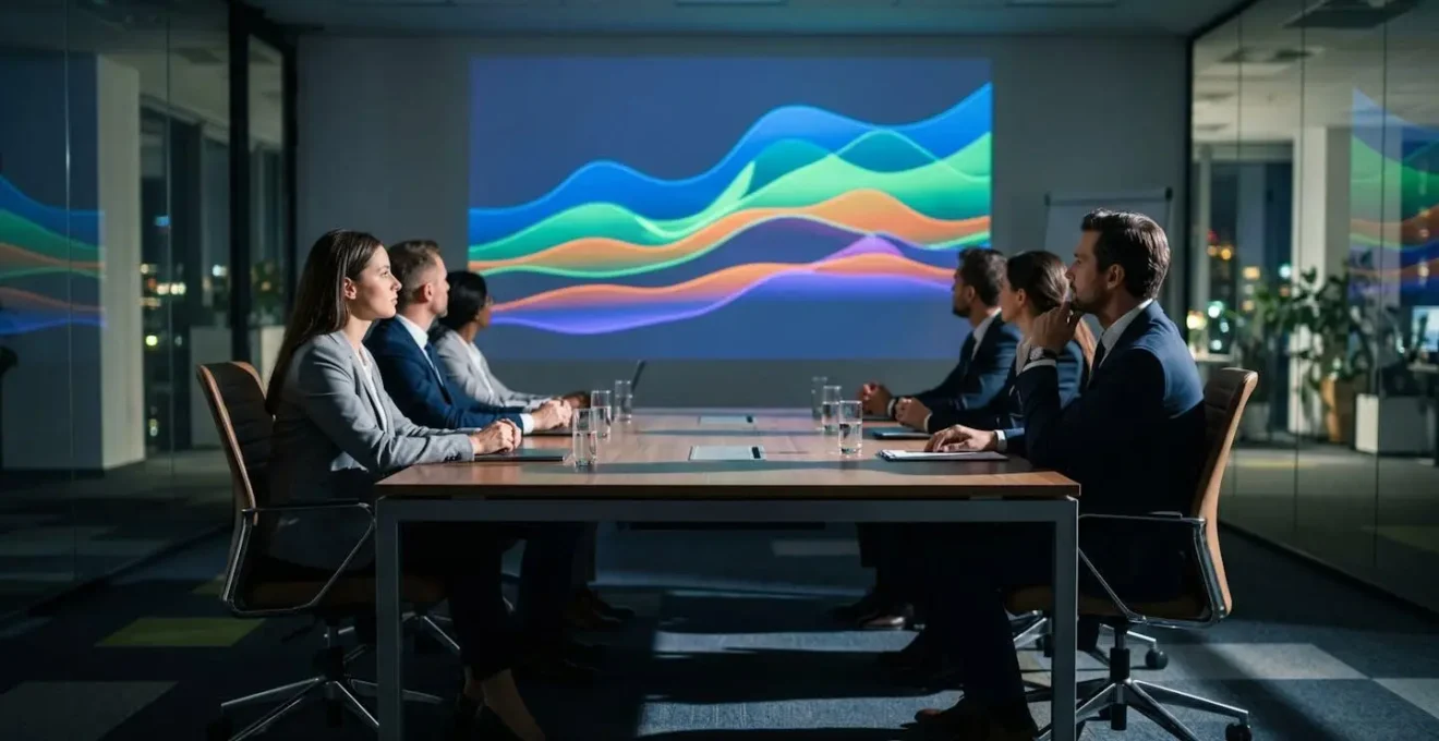 Executive team reviewing financial dashboards on large wall display in meeting room