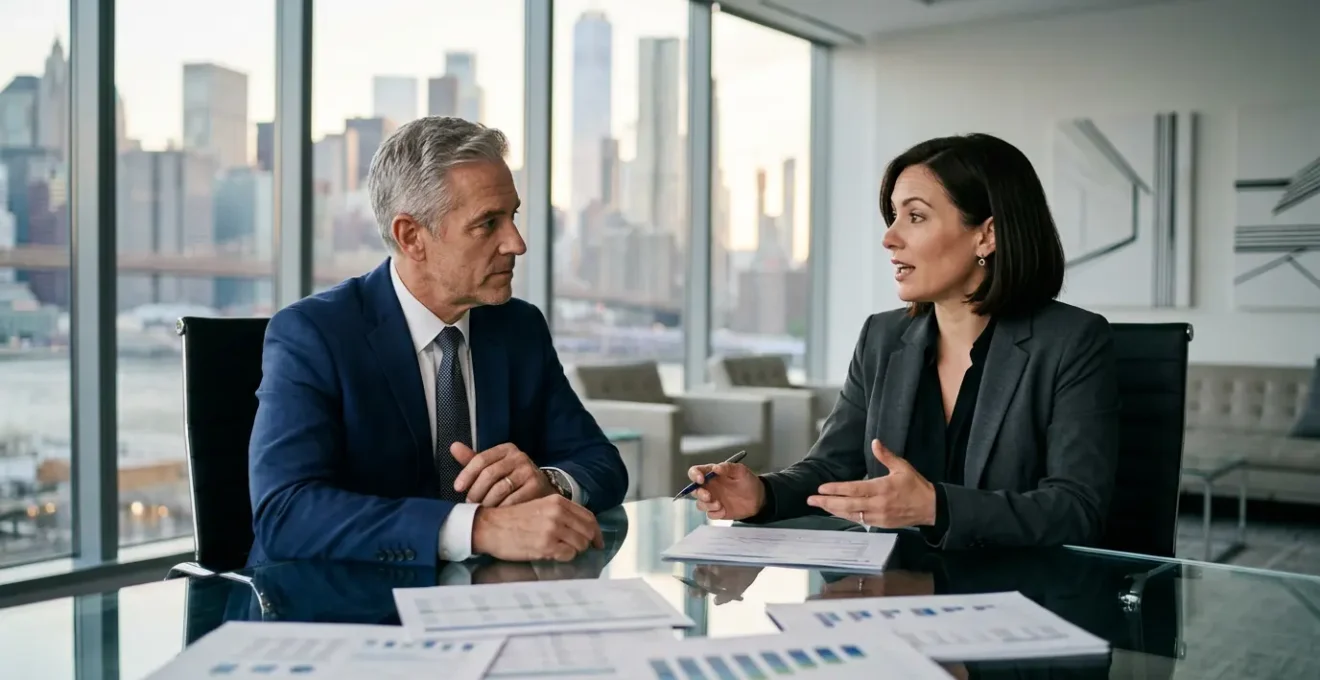 High-level business meeting between senior executive and niche recruiter in modern boardroom setting