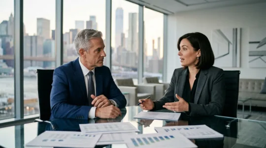 High-level business meeting between senior executive and niche recruiter in modern boardroom setting