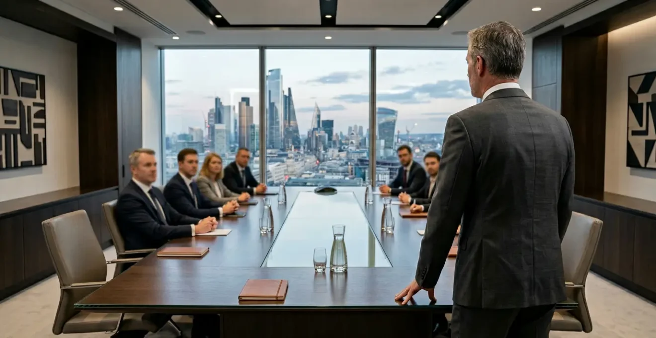 Financial executive presenting strategic insights in modern boardroom setting
