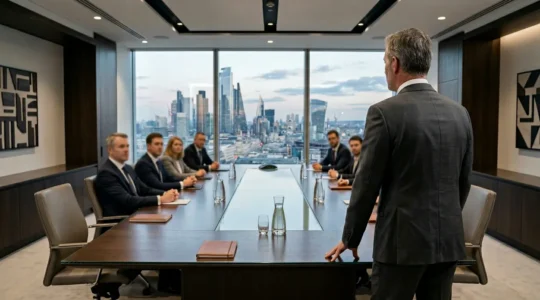Financial executive presenting strategic insights in modern boardroom setting