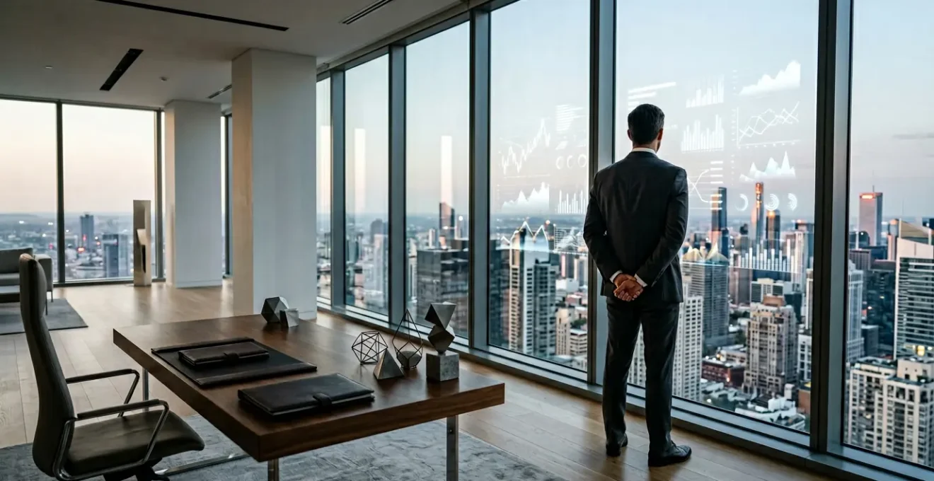 Professional executive preparing for board interview with financial documents in modern office