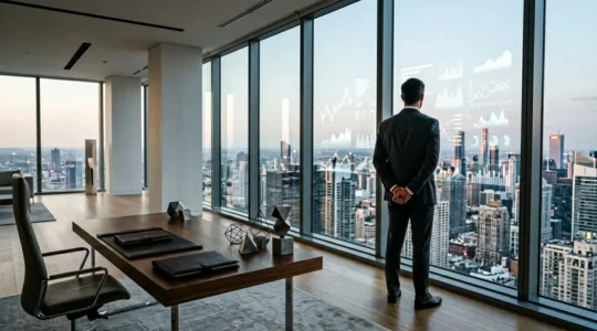 Professional executive preparing for board interview with financial documents in modern office
