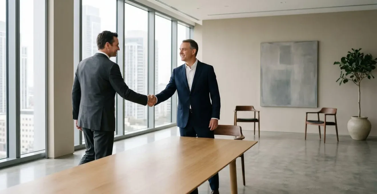 Two executives in professional handshake during respectful transition meeting