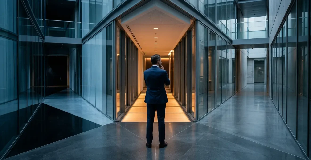 Executive leader at crossroads of modern corporate architecture contemplating strategic paths
