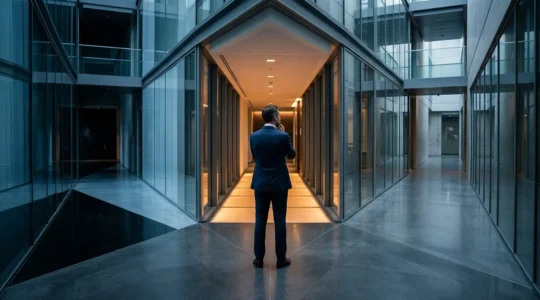 Executive leader at crossroads of modern corporate architecture contemplating strategic paths