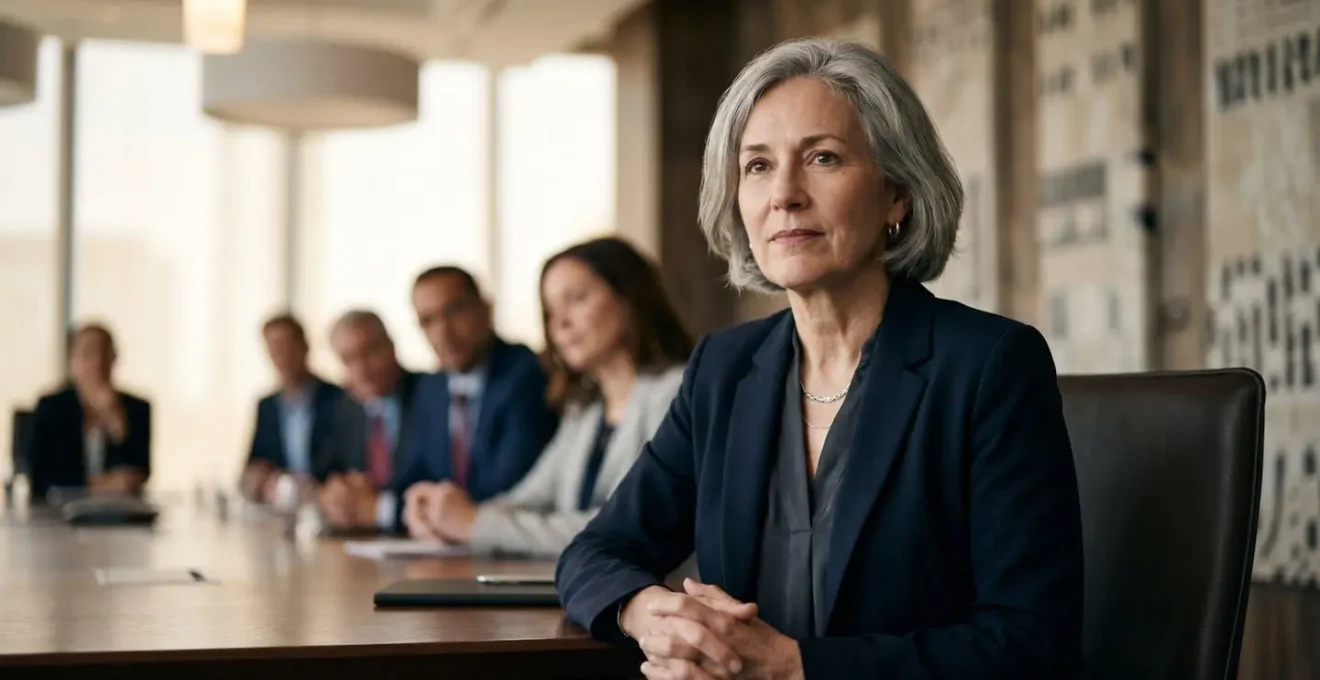 Senior executive demonstrating composed leadership during high-stakes meeting