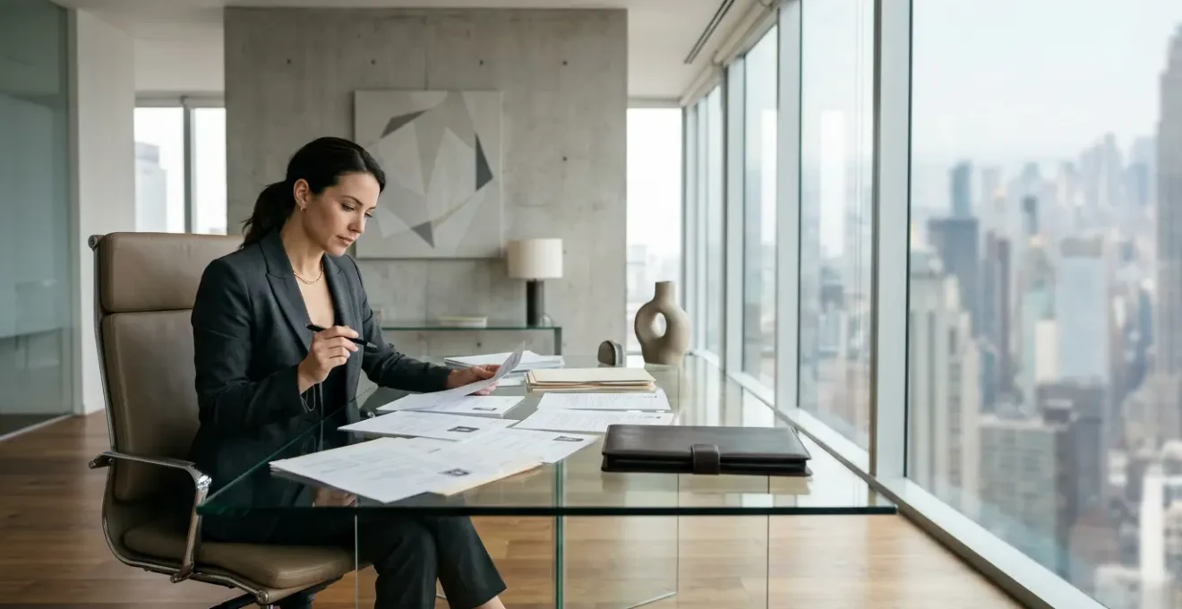 Professional finance executive reviewing tailored CV documents in modern office setting