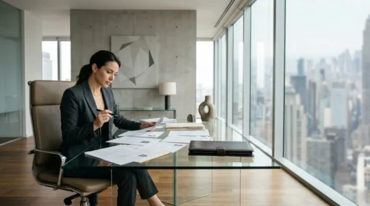 Professional finance executive reviewing tailored CV documents in modern office setting