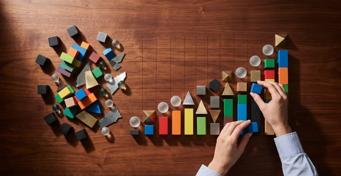 A finance professional transforming complex data into strategic insights on a conference table.