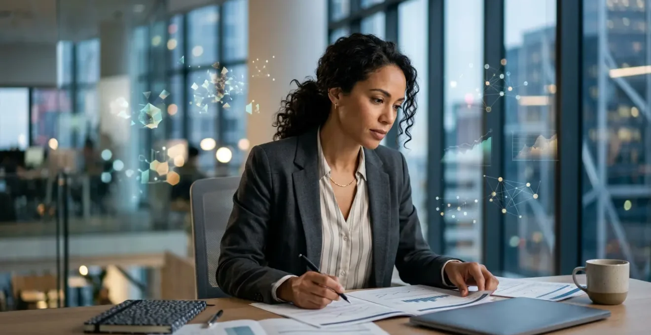 Finance professional analyzing industry-specific data in modern office environment