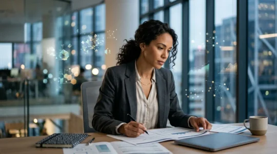 Finance professional analyzing industry-specific data in modern office environment