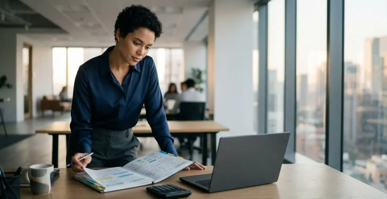 Finance professional preparing for interview with structured notes and confident posture