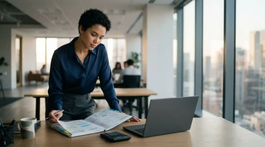 Finance professional preparing for interview with structured notes and confident posture
