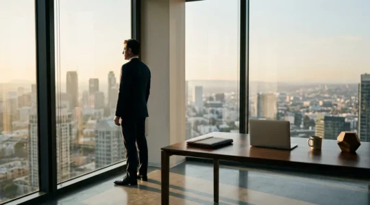 Finance executive analyzing network connections on digital career dashboard