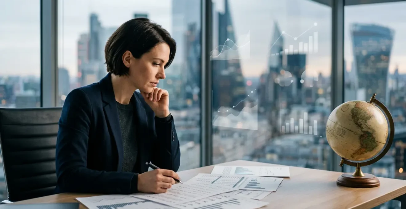 Finance professional analyzing multinational financial data in a modern office environment