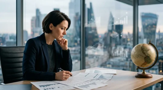 Finance professional analyzing multinational financial data in a modern office environment