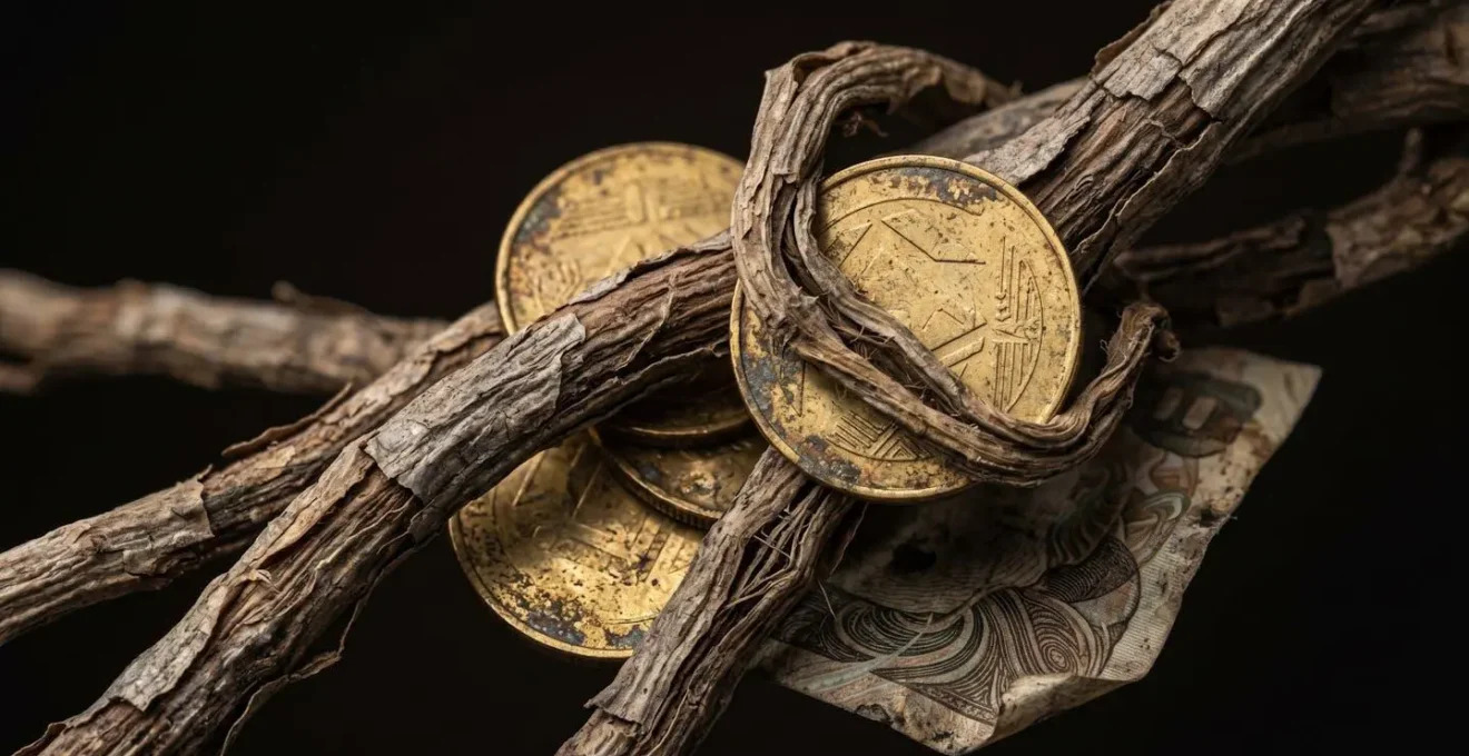 Close-up macro shot of withering plant roots intertwined with golden coins, symbolizing financial decay
